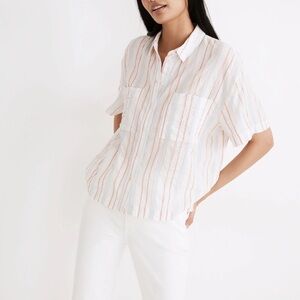 Madewell Women’s Beachside Striped Cotton Blend Cropped Button-Up Shirt XXS Blue